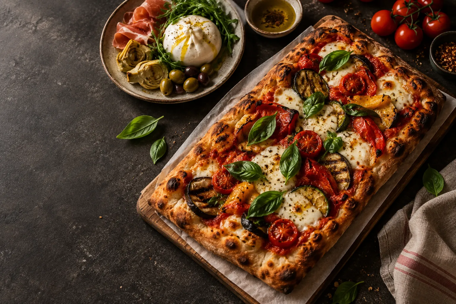 Pizza italienne et antipasti, image d’ambiance illustrative